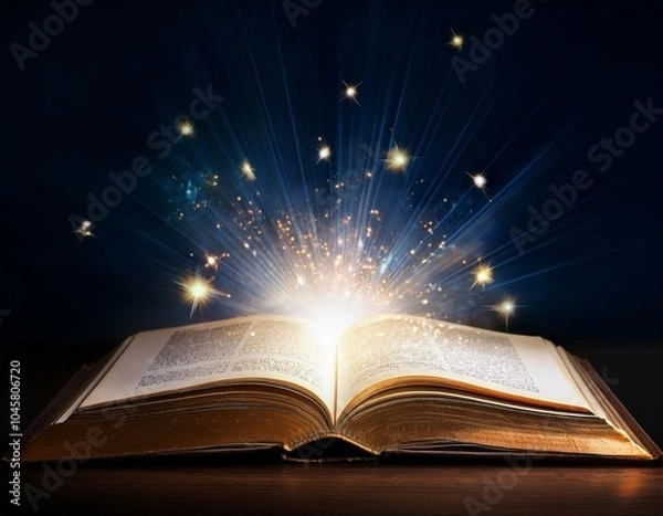 Fototapeta magic book with open pages and abstract lights shining in darkness literature and fairytale concept