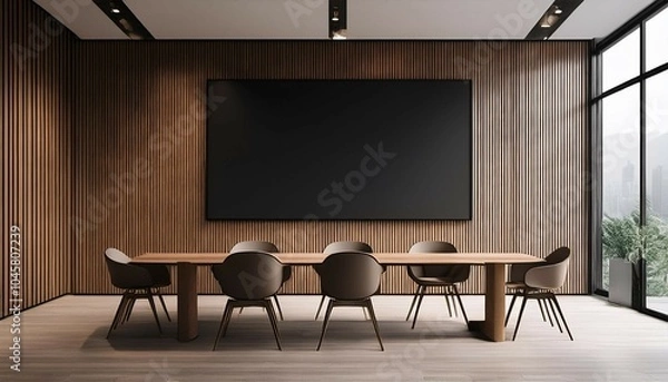 Fototapeta modern wooden and concrete meeting room interior with furniture and black mock up screen 3d rendering generative ai