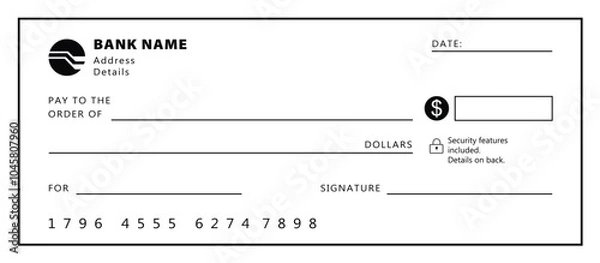 Fototapeta Blank money cheque. Bank check. Check book template with pattern and empty fields. Currency payment coupon, US dollar check background.