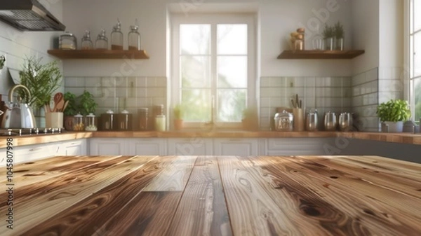 Fototapeta A kitchen blurred background. Wooden table with a blurred view of a modern kitchen bench. High Quality Image