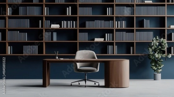 Fototapeta A modern minimalist libraryoffice featuring dark wood shelving, a slim desk, and neutral decor, creating a refined workspace