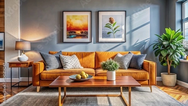 Obraz Modern Living Room Interior with Sofa, Table, and Decorative Plant in a Stylish Candid Photography Setting