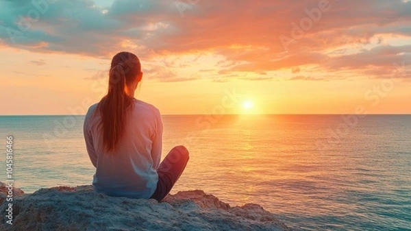 Obraz Single woman watching a sunset on her birthday, sitting on a cliffside, serene ocean view
