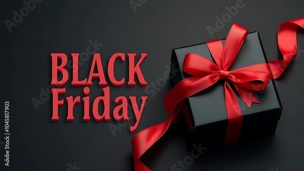 Fototapeta Black Gift Box with Red Ribbon and Black Friday Sale Text on Dark Background, Black Friday concept.