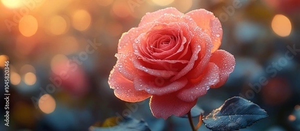 Fototapeta A close-up of a pink rose with dew drops, set against a soft, blurred background.