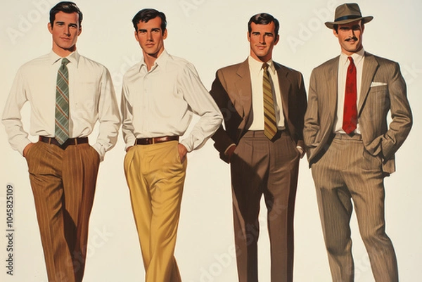 Fototapeta Retro-styled illustration of four men in classic business attire, each sporting different suits and ties. The image captures a mid-century aesthetic with bold colors and sharp lines