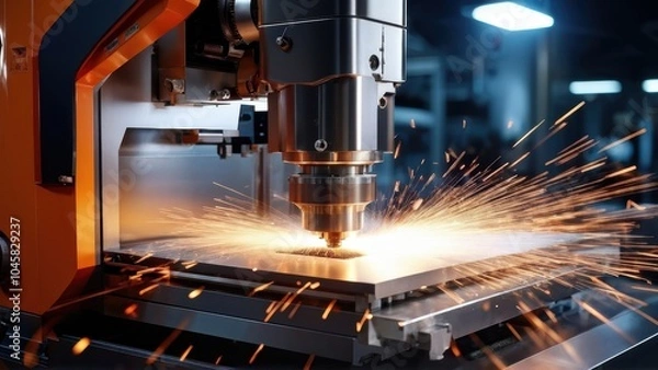 Fototapeta A close-up of a CNC machine cutting metal, producing sparks in an industrial setting.