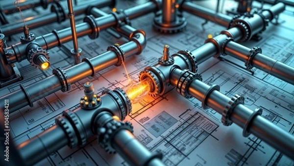 Fototapeta Industrial Precision: Advanced Pipelines on a Detailed Blueprint