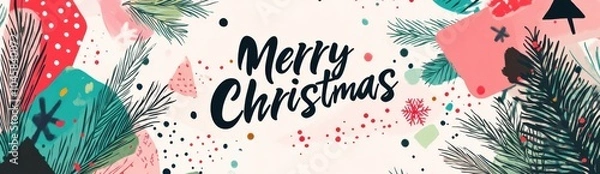 Fototapeta Festive Merry Christmas poster with colorful decorations including pine branches, gift boxes, and seasonal patterns creating a joyful and celebratory holiday atmosphere.