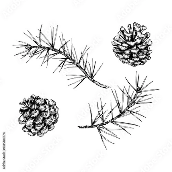 Fototapeta Detailed hand drawn vector illustration of pine branches and cones. Realistic ink sketch style design, perfect for nature, eco-themed projects, Christmas decorations and botanical illustrations.