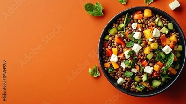 Fototapeta Lentil Salad with Feta and Vegetables on an Orange Background