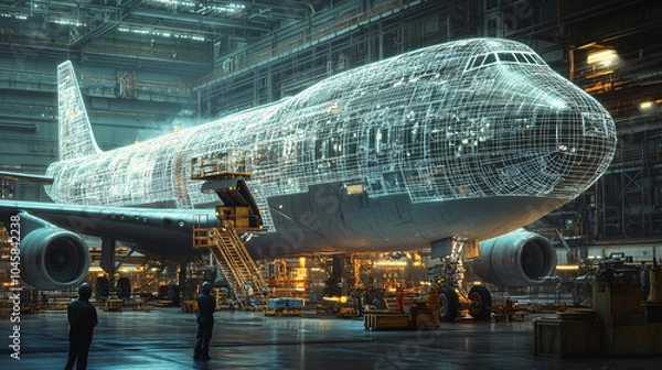 Fototapeta large airplane being designed in an industrial setting with holographic wireframe