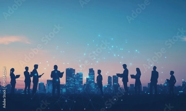 Fototapeta A group of business people standing in front, holding their office equipment against the backdrop of an urban skyline at sunset Generative AI