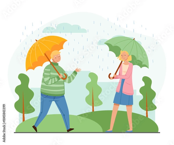 Fototapeta Man and Woman Character with Umbrella Walking Outdoor at Rainy Day Vector Illustration