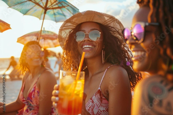 Fototapeta Three friends relax on the beach at sunset, sipping colorful cocktails and laughing together. The vibrant sky and beach umbrellas create a joyful atmosphere
