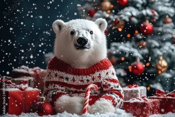 Obraz Polar Bear in Festive Sweater Amid Holiday Decor