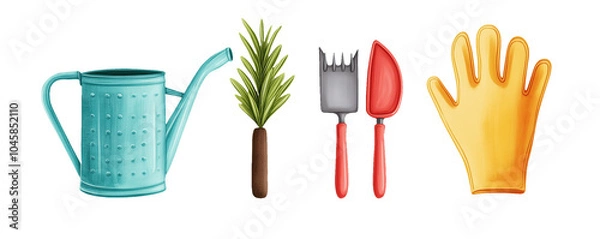 Fototapeta Transparent PNG image set of Various garden tools and a pair of gloves