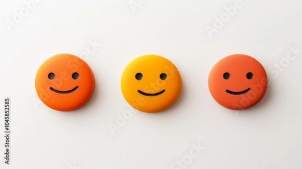 Fototapeta Three smiley faces in orange, yellow, and red colors on a white background.