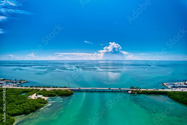 Fototapeta Aerial Drone Image looking north  over the Whale Harbor Channel and the Overseas Highway in Islamorada Florida