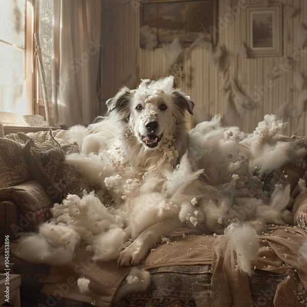 Fototapeta Dog sitting between the fibers of a torn couch and cushions. separation anxiety in a dog. leaving a dog alone at home. dog chewing furniture