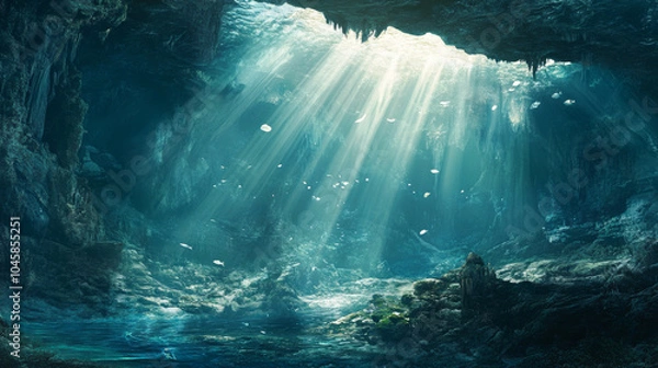 Fototapeta Rays of sunlight penetrating an underwater cave, creating a mesmerizing effect. 