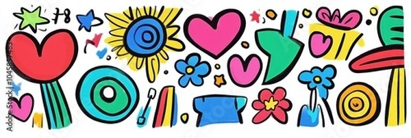 Fototapeta This artwork showcases a lively collection of colorful doodles featuring hearts, flowers, and stars, perfect for inspiring creativity. Generative AI