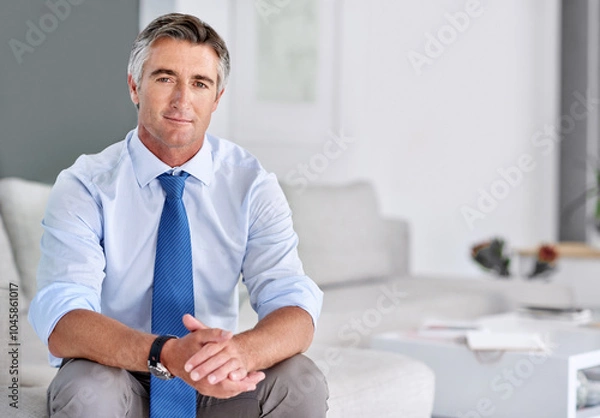 Fototapeta Business man, portrait and happy in office for pride, professional and career ambition with confidence. Executive, face and mature workplace for work experience, project and corporate development