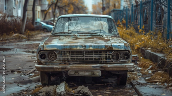 Fototapeta A striking portrait by Ilya Ostroukhov captures a dirty Russian Lada parked on the roadside, embodying auto-destructive art. This evocative scene of abandoned vehicles tells a poignant story.