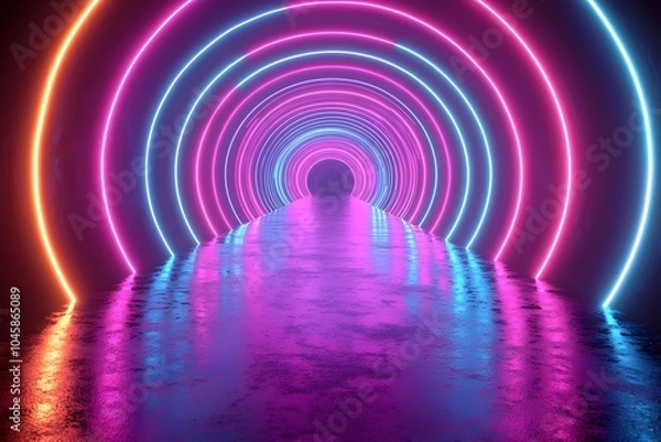 Fototapeta A mesmerizing neon tunnel featuring vibrant pink and blue lights, creating a futuristic atmosphere with a glossy reflective floor.