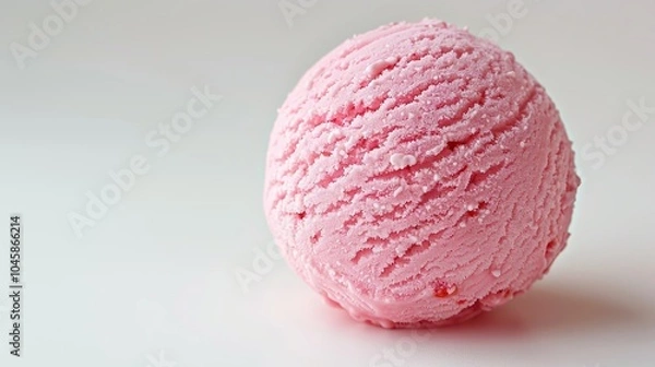 Fototapeta A single scoop of pink strawberry ice cream sits on a white background.