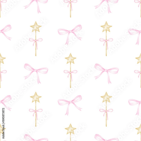 Fototapeta magic wand, bows. Watercolor seamless pattern on white background for textile and wrapping paper in pastel colors. Cute girly illustration for little princesses