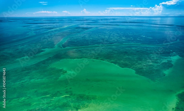 Fototapeta Aerial Drone Image of the entrance from Whale Harbor into Windley Harbor under the Overseas Highway in Islamorada seeing the wishbone channel for boats out into Florida bay and the Gulf of Mexico