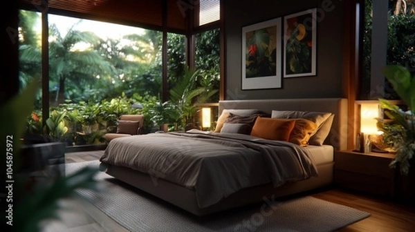 Fototapeta A cozy bedroom with a king-size bed, a large window overlooking a lush garden, and a wood floor.