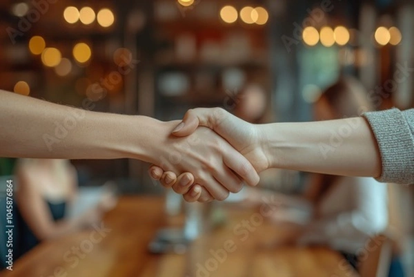 Fototapeta Two people shaking hands at a table in a cafe.