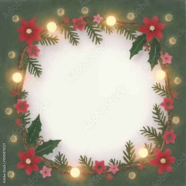 Fototapeta Vintage Christmas-themed border with a central oval space.For decorate the border with festive elements such as holly, pine branches, red berries, and golden ornaments. Including delicate snowflakes 