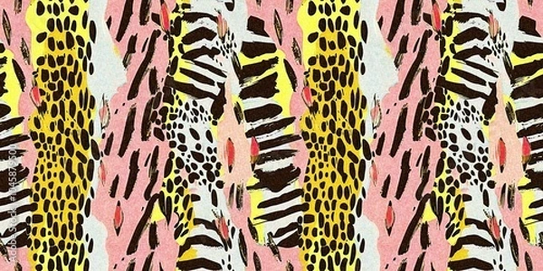 Obraz Fun girly camouflage border pattern in vibrant stripes and spotted seamless design . Modern skin banner texture patched effect for festival and beach wear style in ribbon repeat.