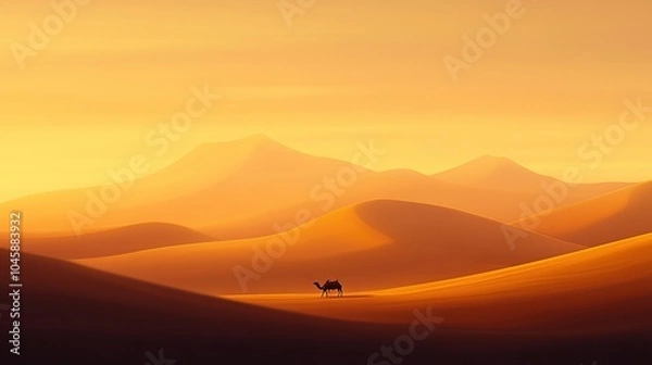 Fototapeta   A desert landscape featuring a solitary camel in the foreground and distant mountain range against a sunny yellow sky