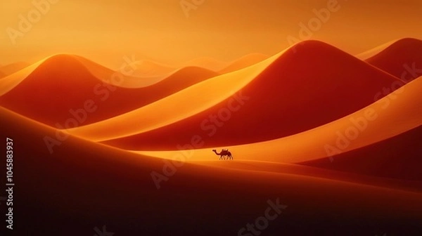 Obraz   A yellow sky serves as a backdrop to a desert scene with a camel in the foreground and a mountain range in the distance
