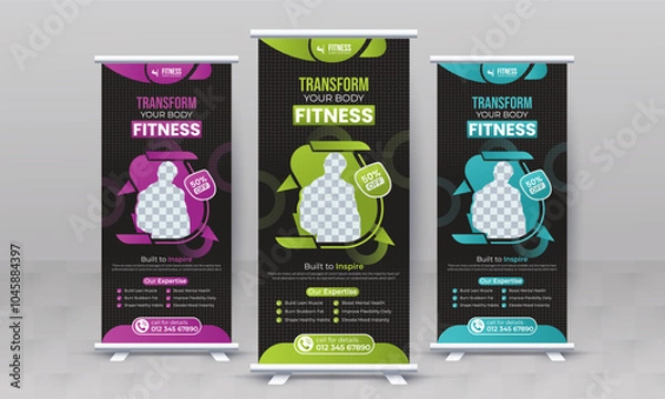 Fototapeta Fitness gym creative standee x rollup banner design vector template retractable bodybuilding advertisement signage