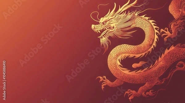 Fototapeta A golden dragon silhouette on a red background with copy space.