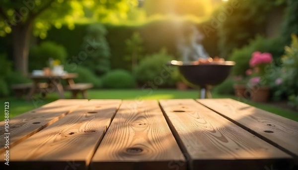 Fototapeta Product placement wooden table, blurred barbeque BBQ backyard background with copy space product display mockup