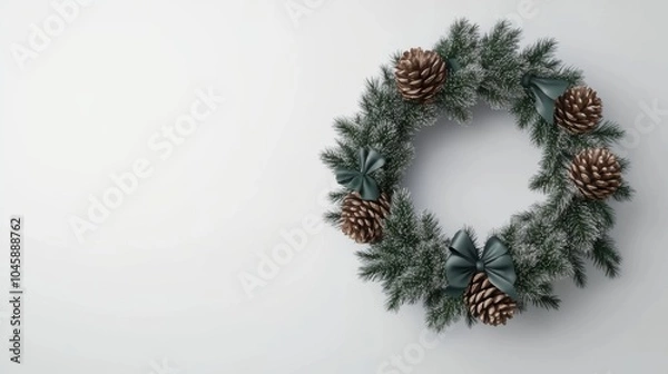 Fototapeta Christmas wreath with pinecones and bows on white background. Minimalist holiday decoration with copy space.