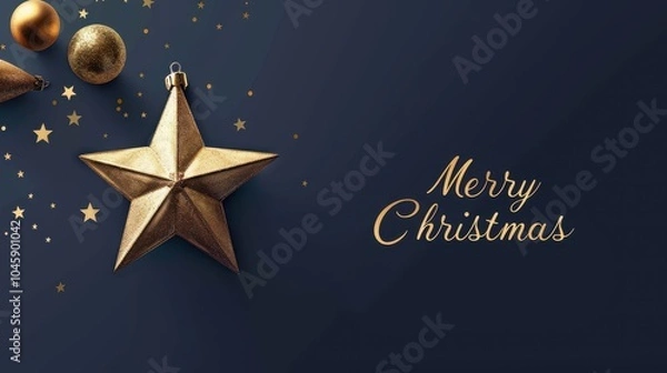 Obraz Minimalist Christmas Card with Gold Star Ornament and Festive Decorations on Dark Background