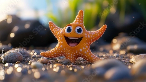 Fototapeta Cheerful 3D render of a starfish with five arms, lying on the ocean floor