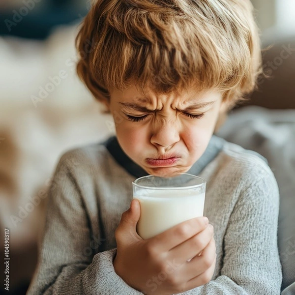 Fototapeta Child with lactose intolerance, showing discomfort from drinking milk