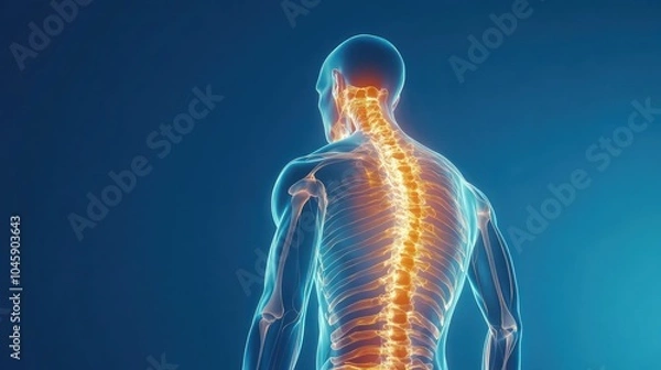 Fototapeta Anatomy a human back with pain in the spine isolated on a bright blue background