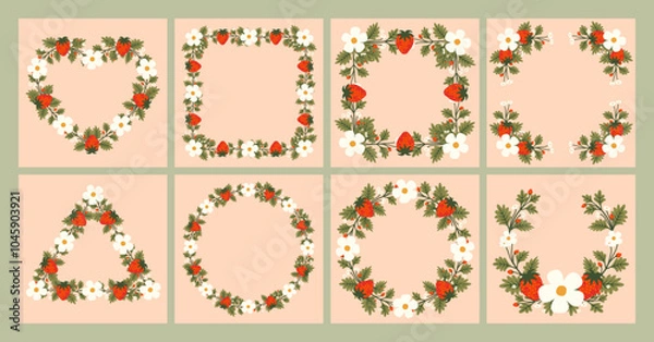 Fototapeta Vector shape of Strawberry flowers frame, Floral border box label of wreath with branch and leaves