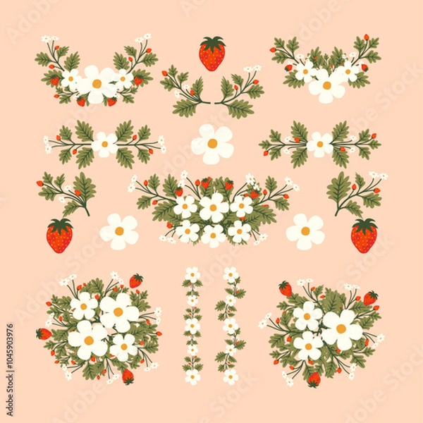 Fototapeta Isolated strawberry flowers wreath with branch and leaves. Vector bouquet and decorative object. Blooming floral material for graphic design