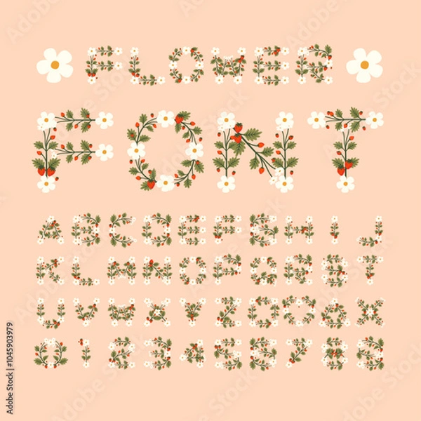Fototapeta Isolated strawberry flower font alphabet character with number and symbol, Vector floral wreath ivy style with branch and leaves