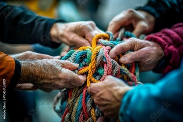 Fototapeta Hands Intertwined Around Colorful Rope, close-up , rope , teamwork , collaboration